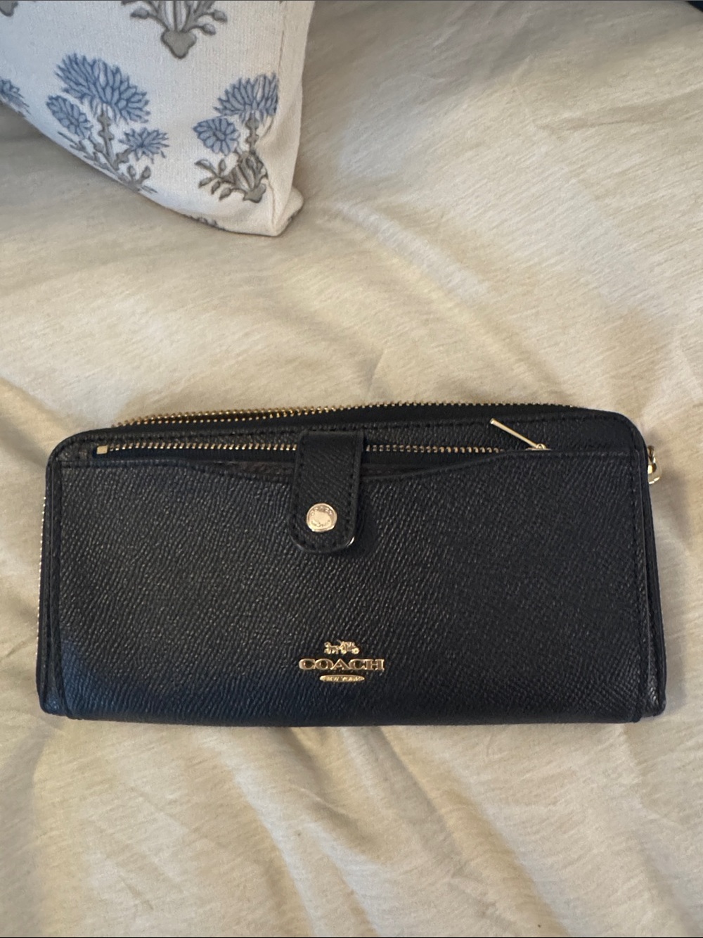 Coach Black Saffiano Leather Zip Wallet with Gold Logo